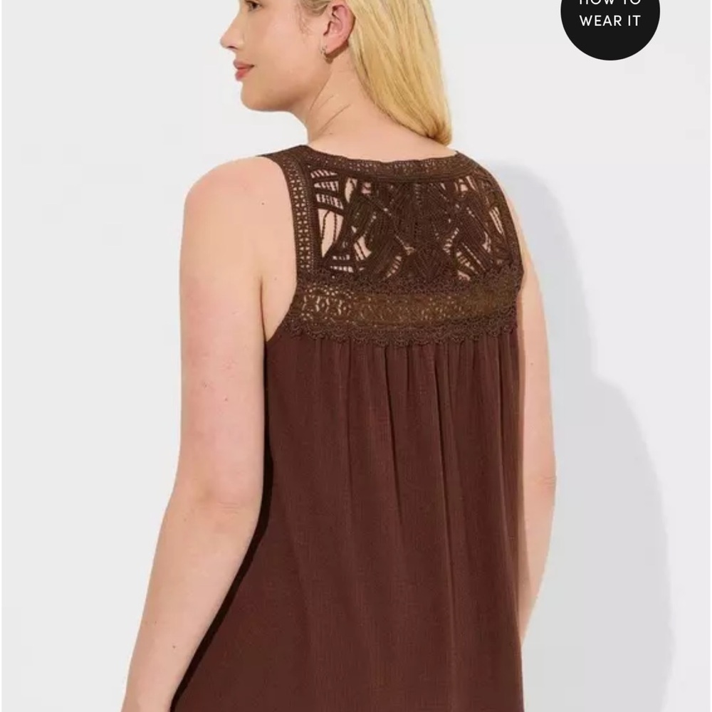 Torrid Deep Mahogany Texture Jersey Crew Neck Lace Yoke Swing Tank Size 1X - Picture 2 of 15
